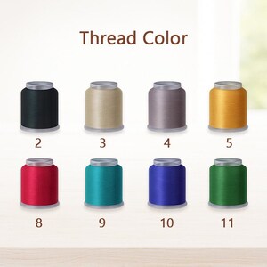 May include: Image of twelve spools of thread in various colors, labeled 1 through 12. The colors include white, black, beige, gray, yellow, brown, pink, red, teal, blue, green, and purple. The text "Thread Color" is at the top.