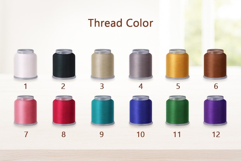 May include: Image of twelve spools of thread in various colors, labeled 1 through 12. The colors include white, black, beige, gray, yellow, brown, pink, red, teal, blue, green, and purple. The text "Thread Color" is at the top.