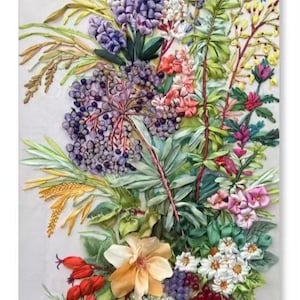 Silk Ribbon Embroidery Kit “Flowers and Fruits” | 3D Wall Art Kit for Beginners | Handmade Home Decor Craft Gift | Large Floral Embroidery