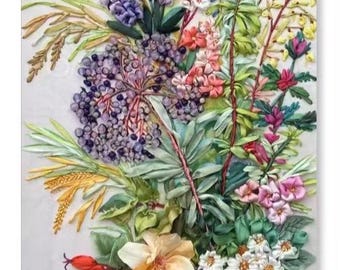 Seidenband-Stickpackung: 3D Blumen & Früchte Wandkunst - DIY Geschenk