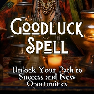 May include: A Good Luck Spell image with the text "Unlock Your Path to Success and New Opportunities". The image features a person with a beaded necklace and a lit candle in a glass jar. There are also several glass bottles and jars on a table with a patterned rug.