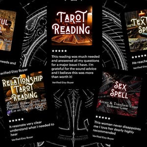 K&ouml;nnte beinhalten: F&uuml;nf Etsy-Shop-Angebote f&uuml;r Tarot-Lesungen und Zauber. Jedes Angebot verf&uuml;gt &uuml;ber eine F&uuml;nf-Sterne-Bewertung und eine Kundenbewertung. Die Angebote umfassen: "Faithful Spell", "Tarot Reading", "Relationship Tarot Reading", "Text Me Spell" und "Sex Spell".