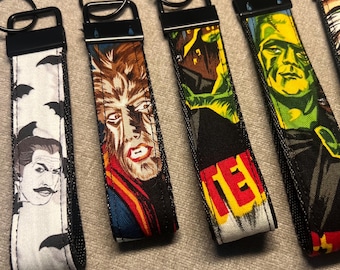Classic Monsters Wristlet Keychain: Spooky Goth Key Fob Lanyard | Frankenstein | Dracula | Wolfman | Mummy