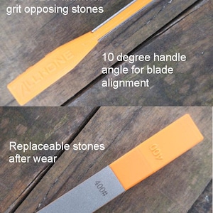 May include: An orange and gray sharpening tool with the text "ALLHONE" and "400#". Features include 400/1200 diamond grit opposing stones, a 10-degree handle angle, and replaceable stones. The tool is designed for blade alignment.