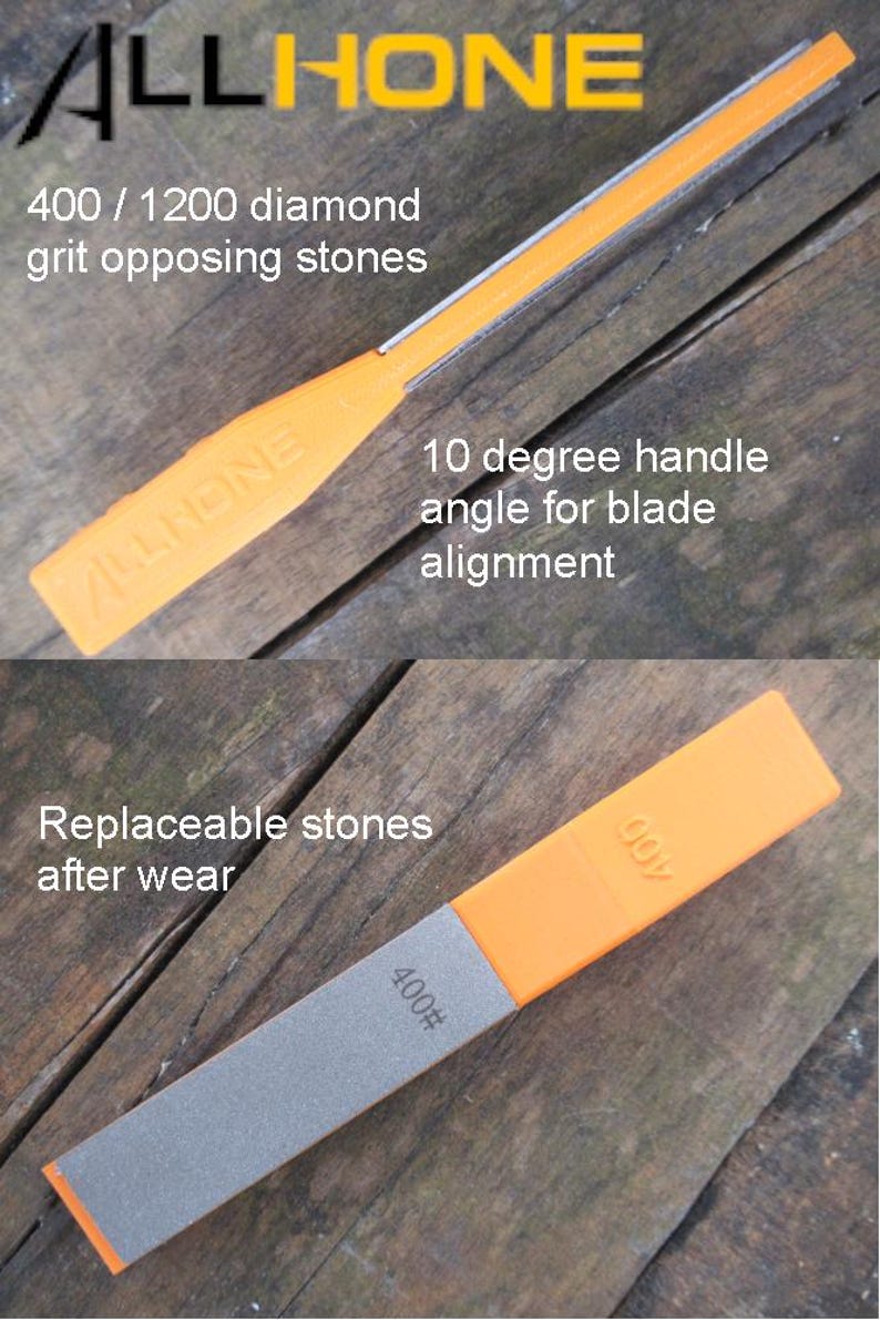 May include: An orange and gray sharpening tool with the text "ALLHONE" and "400#". Features include 400/1200 diamond grit opposing stones, a 10-degree handle angle, and replaceable stones. The tool is designed for blade alignment.
