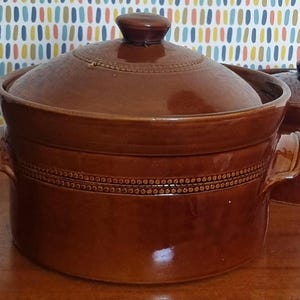 May include: A brown glazed ceramic casserole dish with a matching lid and two side handles. The pot features a decorative band of small raised dots encircling the upper body and the lid, providing a textured detail to the smooth, glossy finish.
