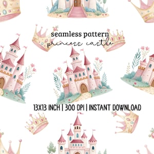 Puede incluir: Patrón sin costuras con ilustraciones de acuarela de castillos rosas y coronas doradas sobre fondo blanco. Se muestra el texto "seamless pattern princess castle". El patrón mide 33 x 33 cm.