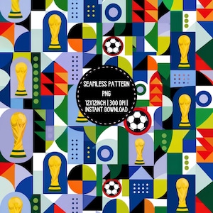 Puede incluir: Un patrón continuo con trofeos de fútbol dorados y balones de fútbol en blanco y negro entre formas geométricas en rojo, azul, verde, amarillo y morado claro. Un círculo negro central contiene el texto SEAMLESS PATTERN PNG 12X12INCH 300 DPI INSTANT DOWNLOAD.