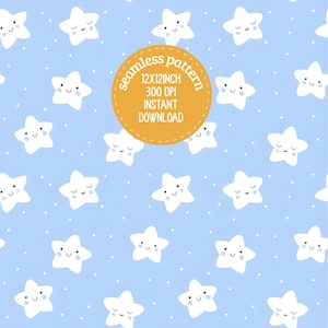 Cute Kawaii Star Seamless Pattern | Baby Blue Nursery Digital Paper | Sleepy Stars Repeat Pattern | Fabric Print | Sublimation PNG