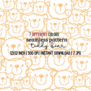 Puede incluir: Un patrón repetitivo de caras de osos de peluche de color naranja claro sobre un fondo blanco. El texto dice "7 COLORES DIFERENTES", "patrón sin costuras teddy bear" y "12x12 pulgadas".