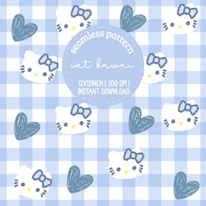 Puede incluir: Un patrón sin costuras con caras de gato blancas, lazos azules y corazones sobre un fondo a cuadros azul claro y blanco. El texto "seamless pattern cat kawai" está en un círculo azul claro. La imagen está etiquetada "12X12INCH | 300 DPI | INSTANT DOWNLOAD."
