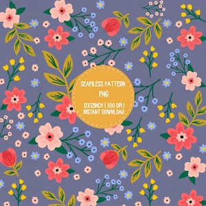 Puede incluir: Un patrón continuo de flores rosas, rojas y azul claro con hojas verdes sobre un fondo morado. Un círculo amarillo central contiene el texto: SEAMLESS PATTERN PNG 12X12INCH | 300 DPI | INSTANT DOWNLOAD.