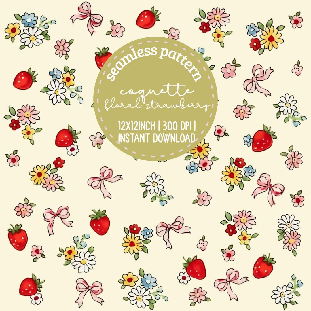 Coquette Floral Strawberry Seamless Pattern | Cottagecore Digital Paper ...