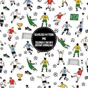 Puede incluir: Un patrón digital continuo con jugadores de fútbol de dibujos animados, balones, trofeos dorados, porterías y pizarras tácticas sobre fondo blanco. Un círculo negro central contiene el texto SEAMLESS PATTERN PNG 12X12INCH | 300 DPI | INSTANT DOWNLOAD.