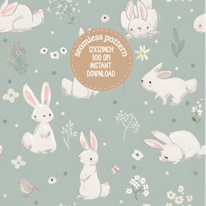 Puede incluir: Patrón sin costuras con conejos blancos de orejas rosas, flores y follaje sobre un fondo verde azulado apagado. Un elemento de texto circular dice "seamless pattern 12x12 inch 300 DPI instant download".