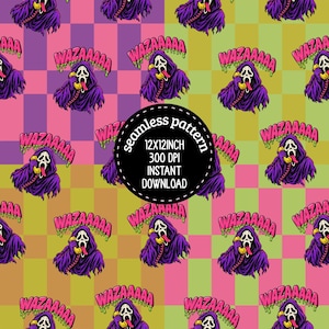 Puede incluir: Un patrón digital continuo con una ilustración repetida de una figura con túnica morada y máscara blanca sosteniendo un teléfono amarillo, junto al texto rosa WAZAAAAA. Un círculo negro central muestra el texto seamless pattern 12X12INCH 300 DPI INSTANT DOWNLOAD.