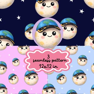 Puede incluir: Patrón sin costuras con personajes de luna sonrientes que llevan gorras con diseño de la Tierra, sobre fondos de cielo estrellado y pastel. El diseño incluye el texto "3 seamless pattern 12x12 in".