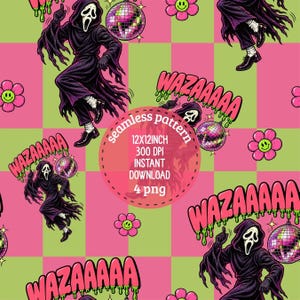 Puede incluir: Un patrón digital continuo que presenta un gráfico repetido de una figura encapuchada con túnica negra, una bola de discoteca, flores rosas con caras sonrientes y el texto WAZAAAAA en rosa con gotas de baba verde sobre un fondo de cuadros rosa y verde lima.