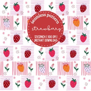 Puede incluir: Un patrón sin costuras con fresas, flores y formas abstractas sobre un fondo blanco con rayas rosas. El diseño incluye el texto "seamless pattern strawberry 12X12INCH | 300 DPI | INSTANT DOWNLOAD" en un círculo rojo.