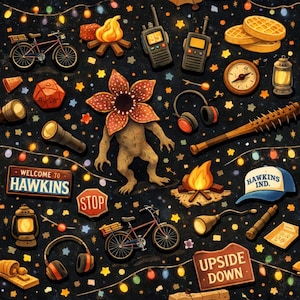 May include: An illustration featuring various elements from a popular science fiction series. The image includes a Demogorgon, bicycles, walkie-talkies, a baseball bat, a cap with "Hawkins Ind." text, and a sign that says "Welcome to Hawkins".