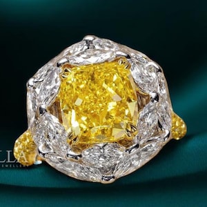 Cushion Cut Yellow Lab Diamond Ring: Marquise Halo Cocktail Ring