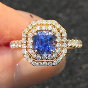 Art Deco Blue Moissanite Engagement Ring: Double Halo, Lab Diamond