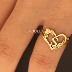 Anillos con iniciales personalizadas, corazón y flores, regalo de San Valentín, anillo con inicial personalizada, anillo con letra delicada, regalo para ella, joyería personalizada