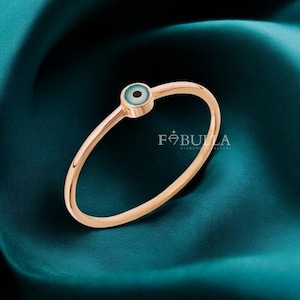 14K Gold Evil Eye Ring: Dainty Blue Enamel Protection Ring