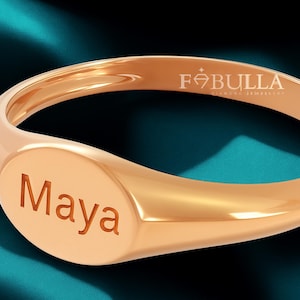 Anillo ovalado con sello para el meñique, anillos de oro macizo con nombre grabado para mujer, anillo personalizado con inicial, regalo para ella, anillo personalizado delicado, joyería