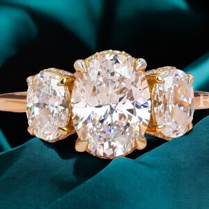 Elegant Three Stone Lab Grown Diamond Ring - Yellow Gold Engagement Ring
