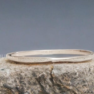 White Gold Diamond Bangle Bracelet,Elegant Thin Gold Bracelet with Pave Diamonds,Minimalist Bridal Jewelry, Dainty Wedding Bangle for Women