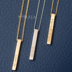 Personalized 14K Gold Vertical Bar Necklace: 3D Engraved Name Pendant