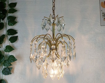 Antique French Victorian Petite Small Chandelier Ceiling Lighting Fixture 1960s Glass Lamp Brass&Crystals Pendant Light