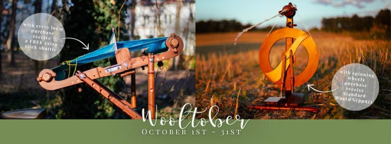 Puede incluir: Un telar de madera con urdimbre azul y una rueca de madera. El texto en la imagen dice: with every loom purchase receive a FREE extra stick shuttle, with spinning wheels purchase receive Standard Wool&NeppArt, Wooltober OCTOBER 1ST - 31ST.