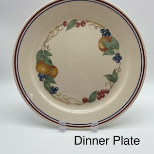 May include: Cream-colored dinner plate with a fruit and leaf design. The plate features a border with red and blue stripes. The center of the plate has a wreath of pears, berries, and leaves. The text "Dinner Plate" is at the bottom.