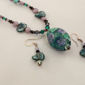 Teal, Purple Blue and Black Glass Blown Focal Bead and Handmade Necklace and Earring Set