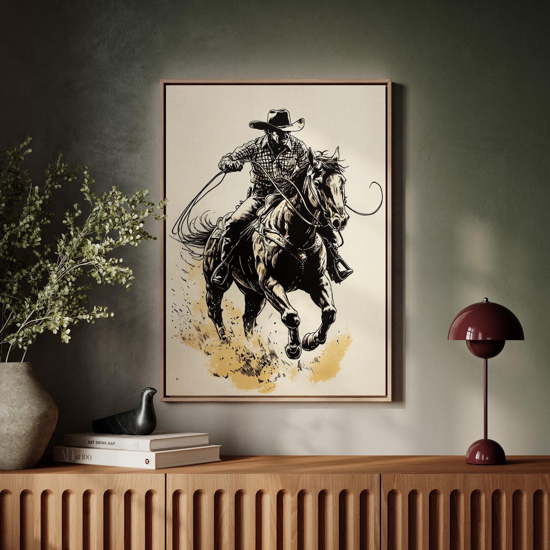 Young Rodo Schech Dynamic Cowboy Rodeo Sketch – Western Horseback Riding Art, Rustic ...