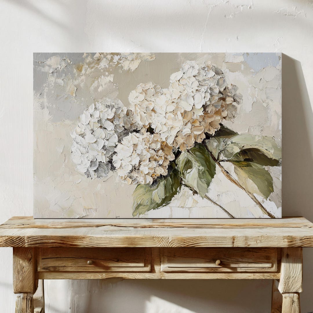 White Hydrangea Floral Canvas, Textured Flower Wall Art, Neutral ...