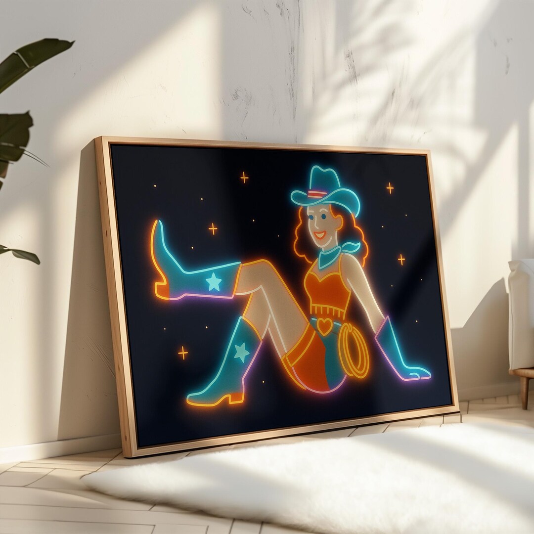 Pinup Rodeo Neon Cowgirl Wall Art Print – Retro Western Pinup Poster, Vibrant Rodeo ...