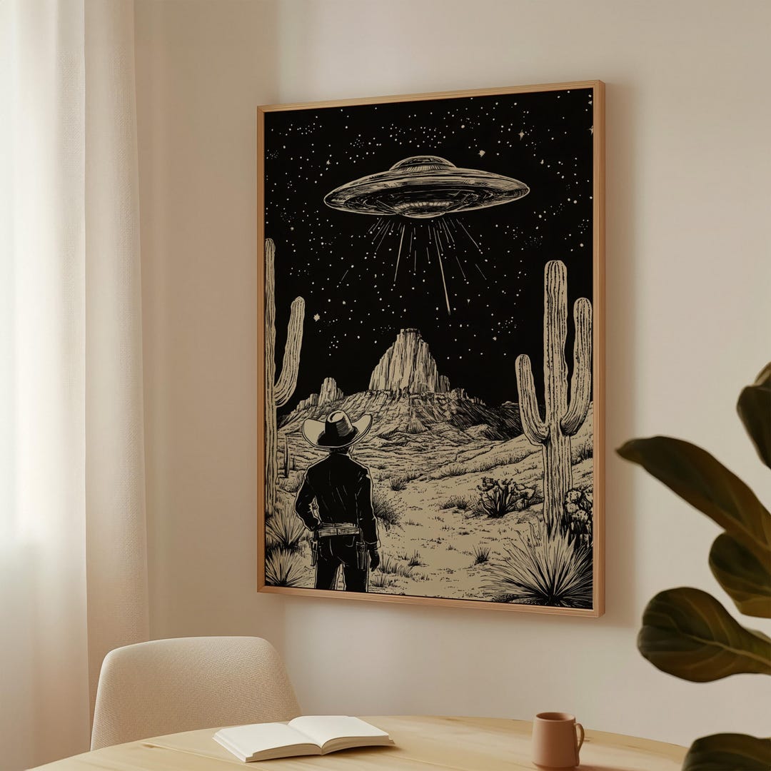 Cowboy and UFO Art Print - Vintage Western Sci-fi Poster - Black and ...