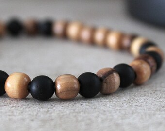 Black Stone and Olive Wood Beads Stretched Bracelet for Men  - Handcrafted Judaica Jewelry