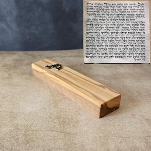 Hand Carved Olive Wood Mezuzah Case with Bronze Shin - Jewish Home Gift