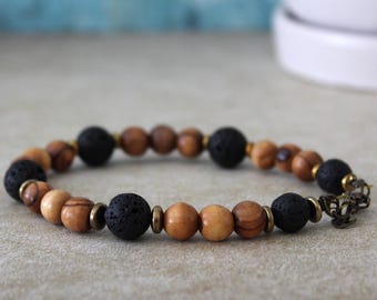 Handcrafted Olive Wood & Lava Stone Bracelet: Hebrew Blessing Charm
