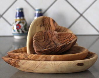 Handcrafted Olive Wood Heart Bowls - Set of 4 - Kitchen Decor