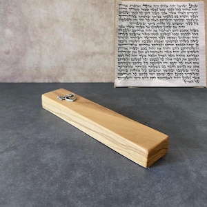 6.7&quot; / 17cm Olive Wood Mezuzah Case with Silver Shin & Scroll - Elegant Jewish Doorpost Blessing - New Home Gift