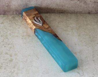 Handmade Olive Wood Mezuzah with Epoxy: Judaica Gift from Israel