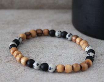 Dalmatian Jasper Protection Bracelet with Olive Wood Beads - Handcrafted Hebrew Unisex Jewelry