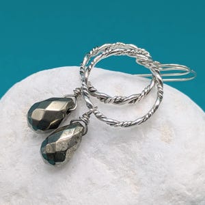 Patterned Sterling Silver Circle Dangle Earrings With Gemstones - Handmade 925 Silver Rope Circle Earrings - Choose Your Own Gemstone