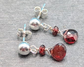 Handmade Sterling Silver Ball Stud Earrings With Red Garnet Dangles - Garnet & 925 Silver Post Earrings - January Birthstone Gift For Her