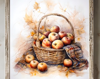 Rustic Apple Basket Watercolor Print: Farmhouse Fall Decor (Digital Download)